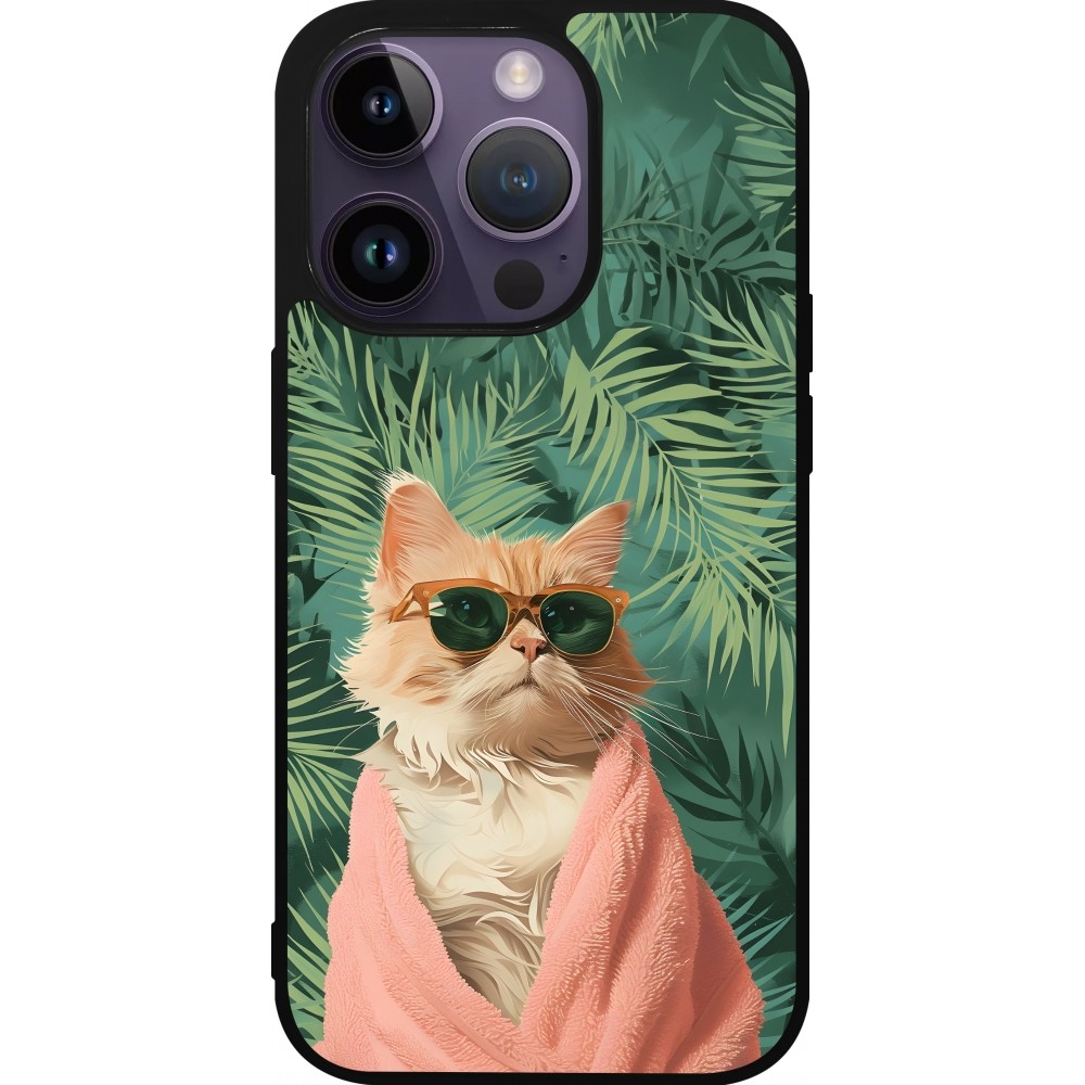 Coque iPhone 15 Pro - Silicone rigide noir Cat Summer Palms