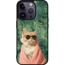 Coque iPhone 15 Pro - Silicone rigide noir Cat Summer Palms