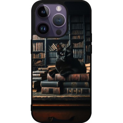 Coque iPhone 15 Pro - Silicone rigide noir Chat livres sombres