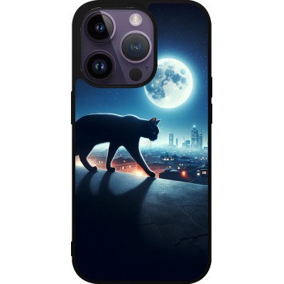 Coque iPhone 15 Pro - Silicone rigide noir Chat noir sous la pleine lune