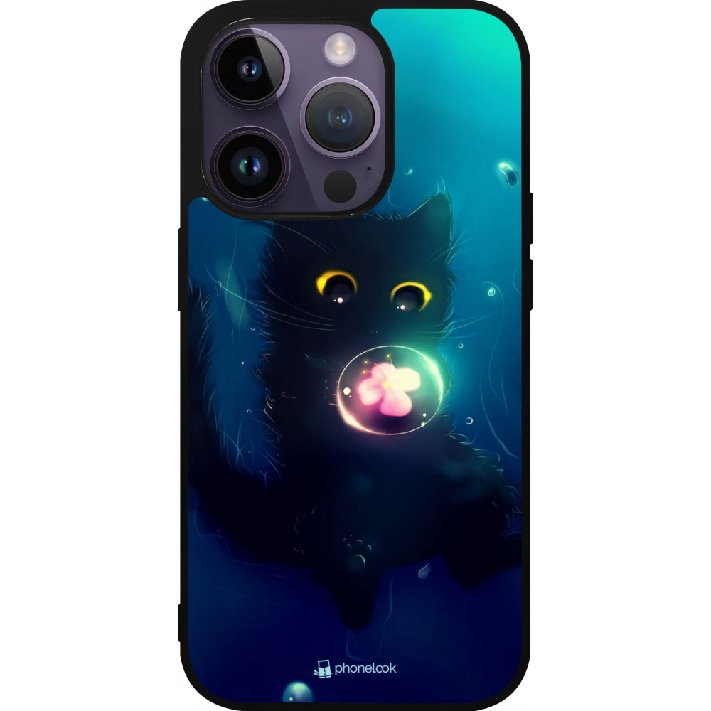 Coque iPhone 15 Pro - Silicone rigide noir Cute Cat Bubble