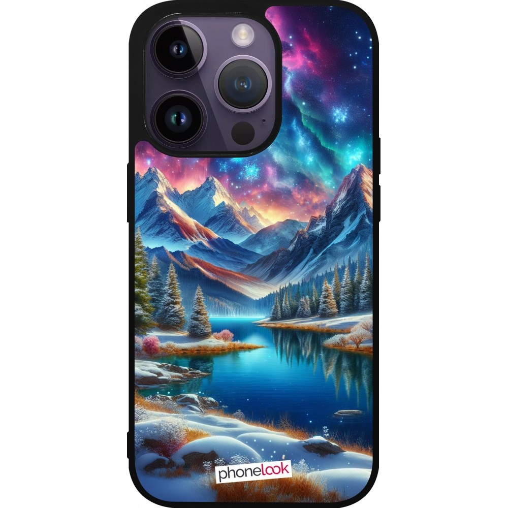 Coque iPhone 15 Pro - Silicone rigide noir Fantasy Mountain Lake Sky Stars