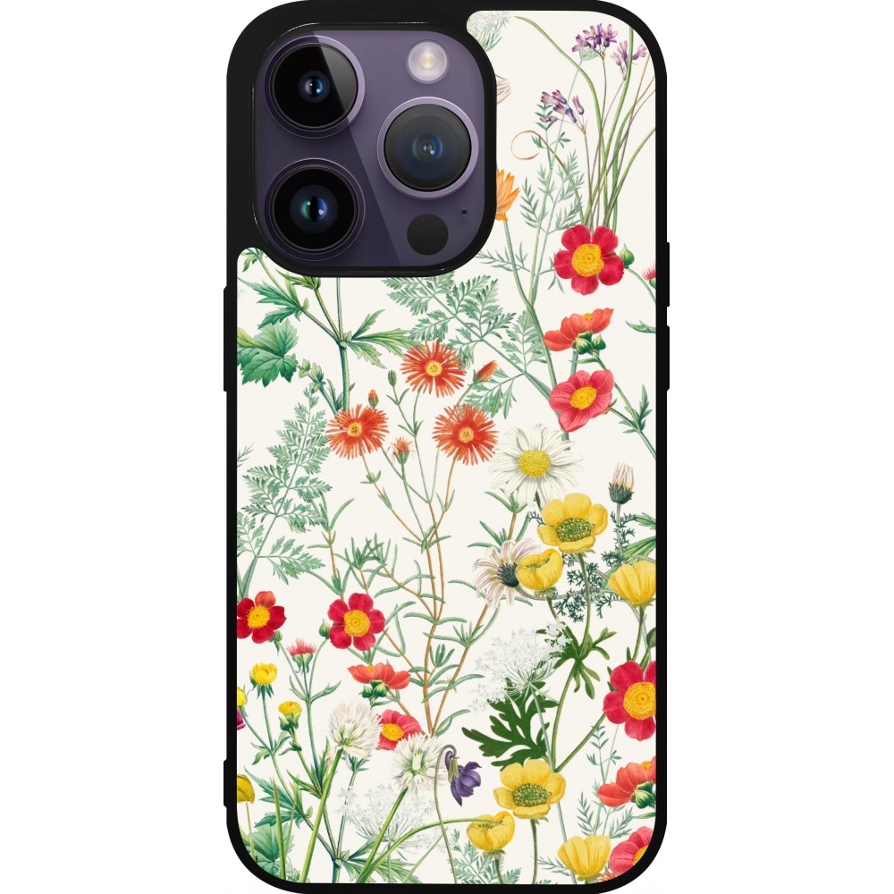 Coque iPhone 15 Pro - Silicone rigide noir Flora Botanical Wildlife