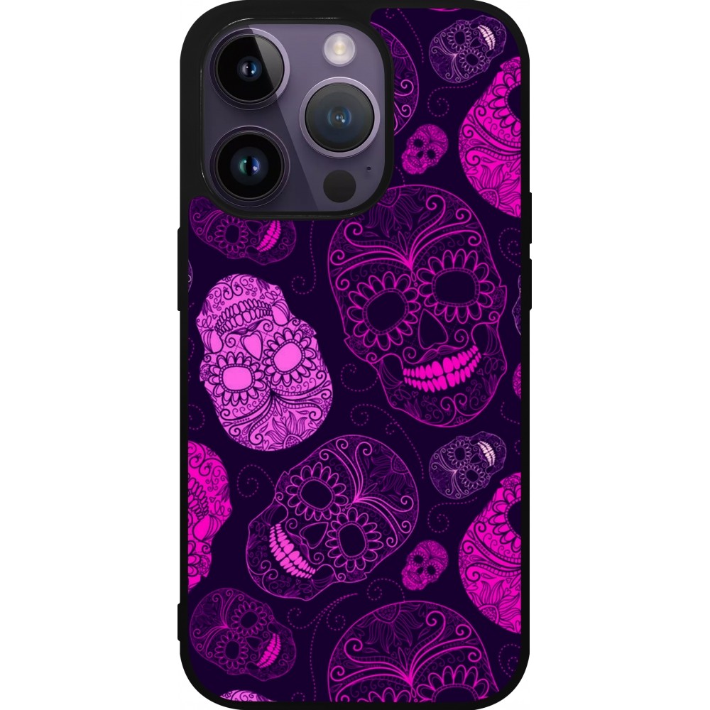 Coque iPhone 15 Pro - Silicone rigide noir Halloween 2023 pink skulls