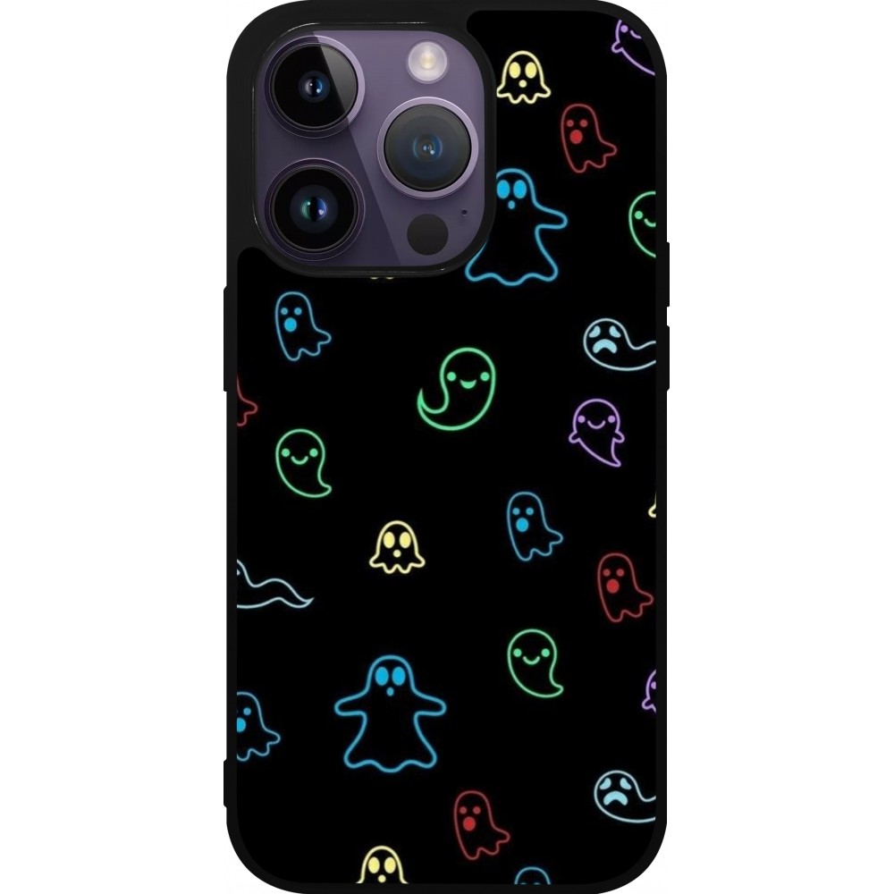 Coque iPhone 15 Pro - Silicone rigide noir Halloween 2024 colorful ghosts