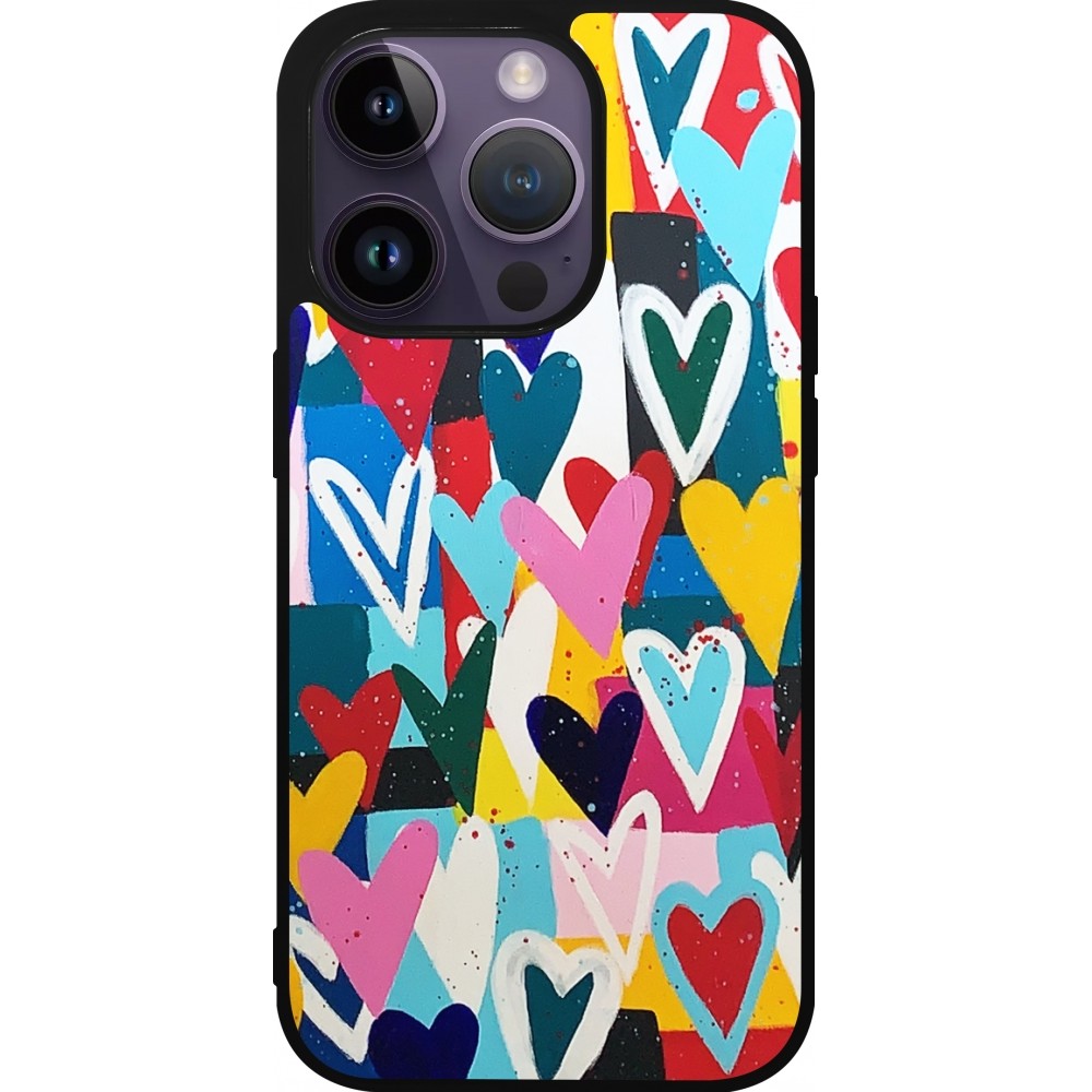 Coque iPhone 15 Pro - Silicone rigide noir Joyful Hearts