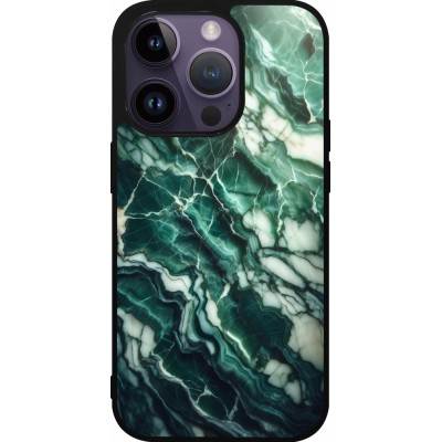 Coque iPhone 15 Pro - Silicone rigide noir Marbre vert majestueux