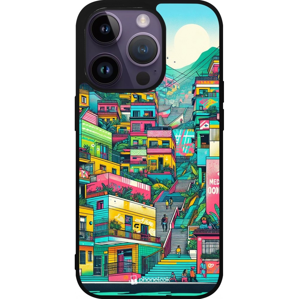 Coque iPhone 15 Pro - Silicone rigide noir Medellin Comuna 13 Art