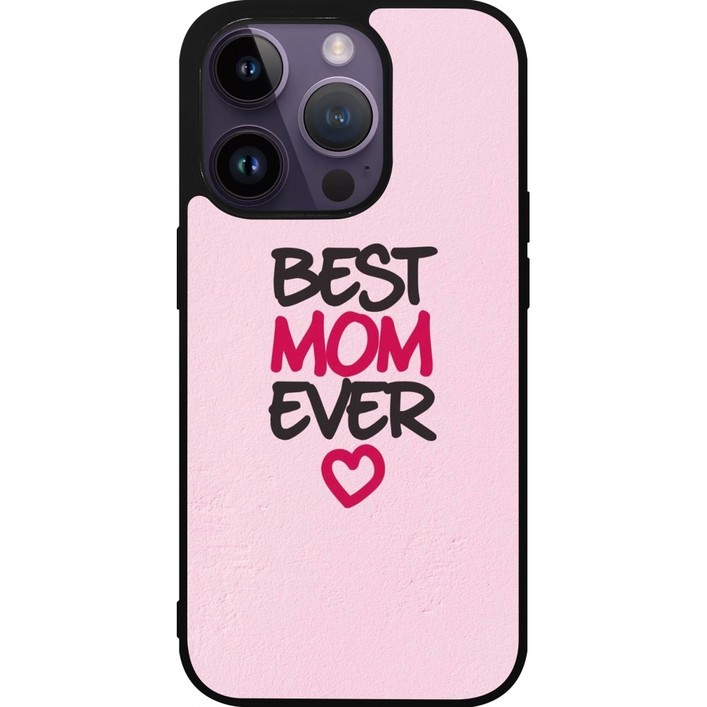 Coque iPhone 15 Pro - Silicone rigide noir Mom 2023 best Mom ever pink