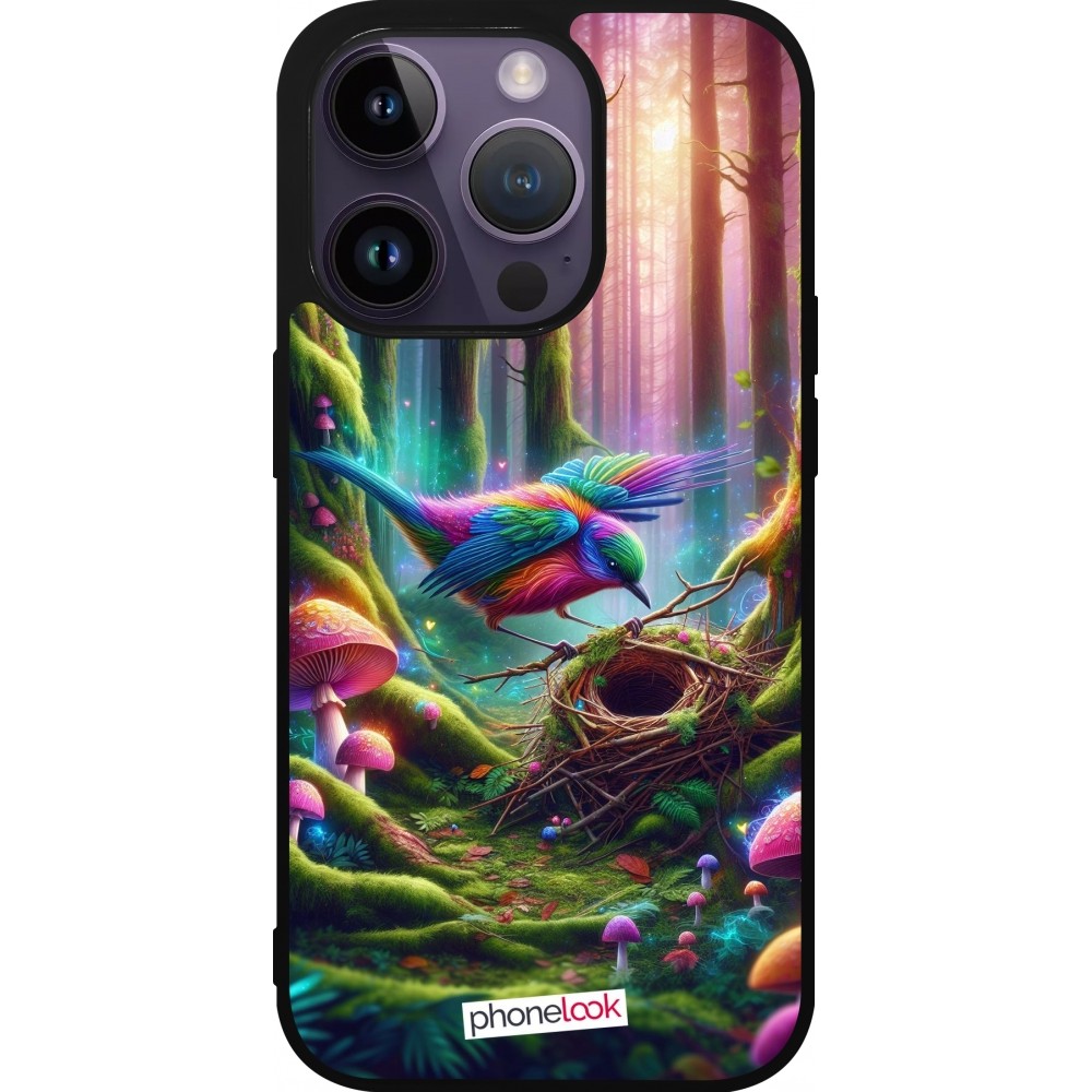 Coque iPhone 15 Pro - Silicone rigide noir Oiseau Nid Forêt