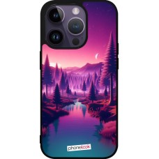 Coque iPhone 15 Pro - Silicone rigide noir Paysage Violet-Rose