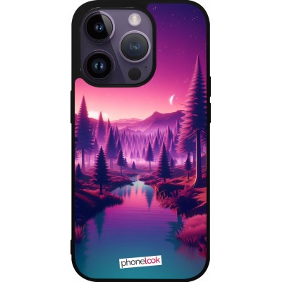 Coque iPhone 15 Pro - Silicone rigide noir Paysage Violet-Rose