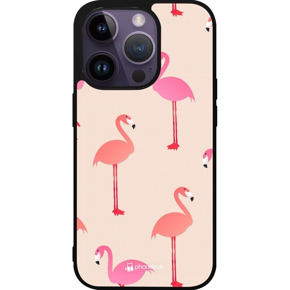 Coque iPhone 15 Pro - Silicone rigide noir Pink Flamingos Pattern