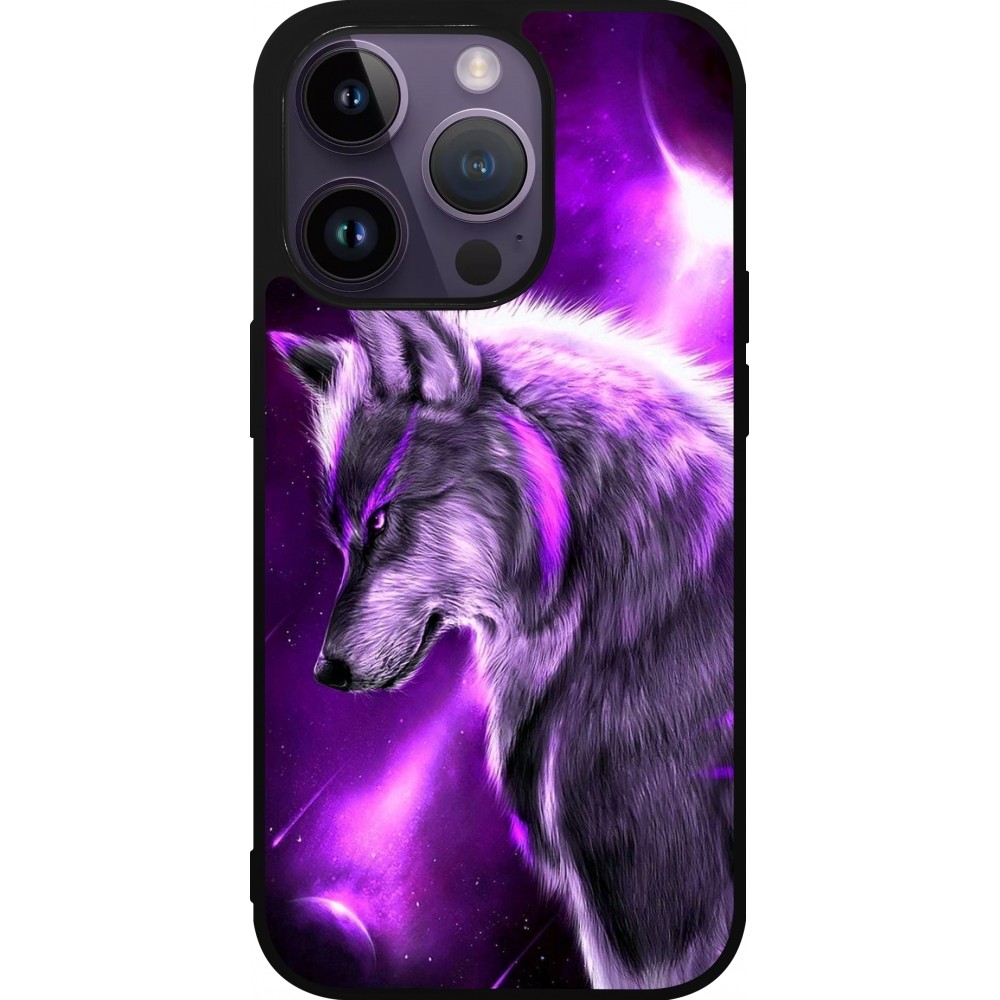 Coque iPhone 15 Pro - Silicone rigide noir Purple Sky Wolf