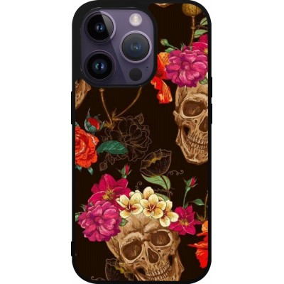 Coque iPhone 15 Pro - Silicone rigide noir Skulls and flowers