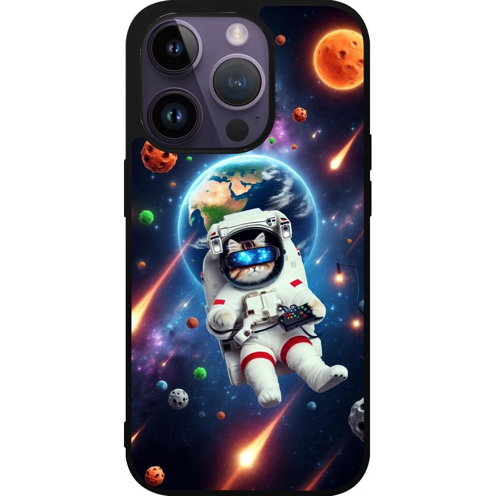 Coque iPhone 15 Pro - Silicone rigide noir VR SpaceCat Odyssey