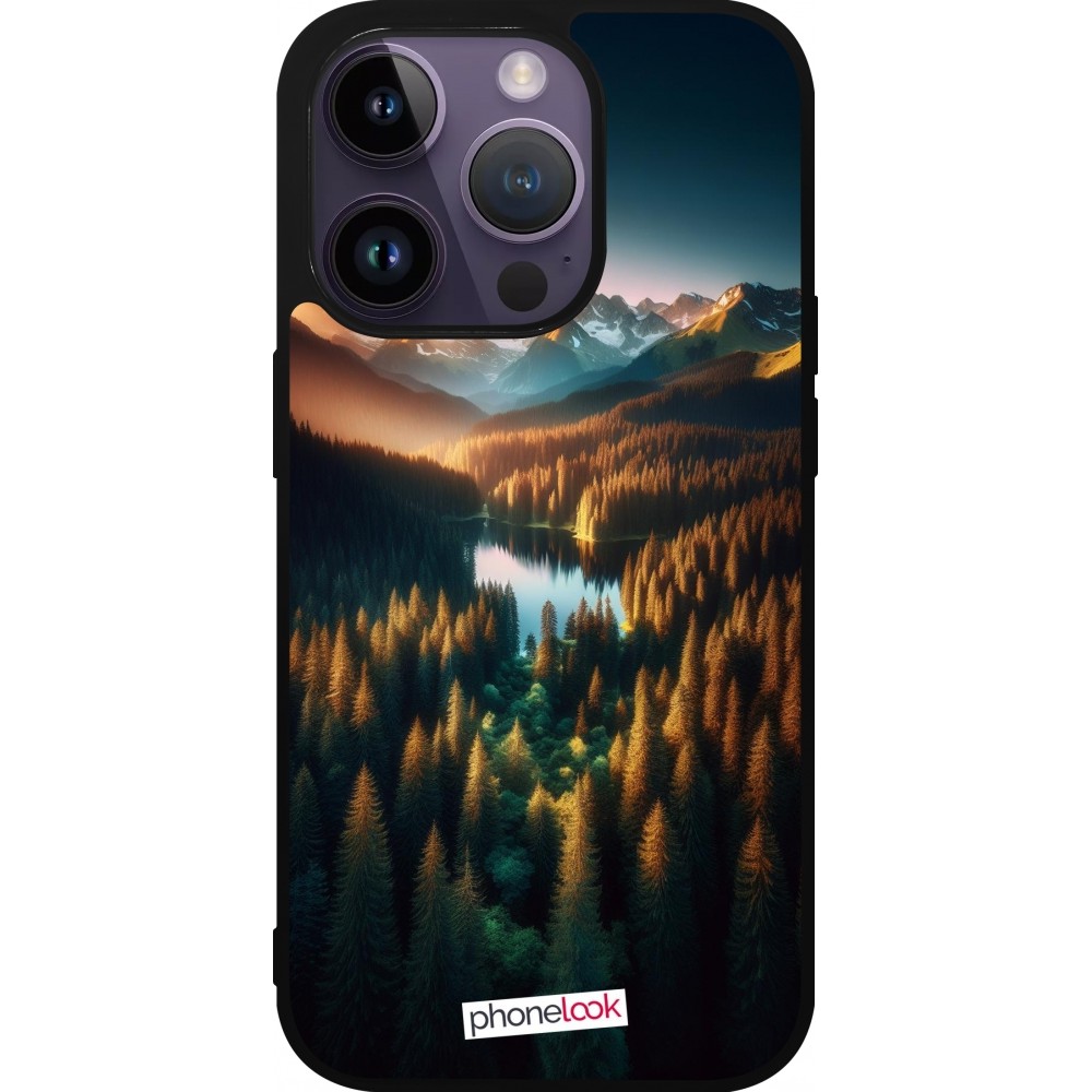 Coque iPhone 15 Pro - Silicone rigide noir Sunset Forest Lake