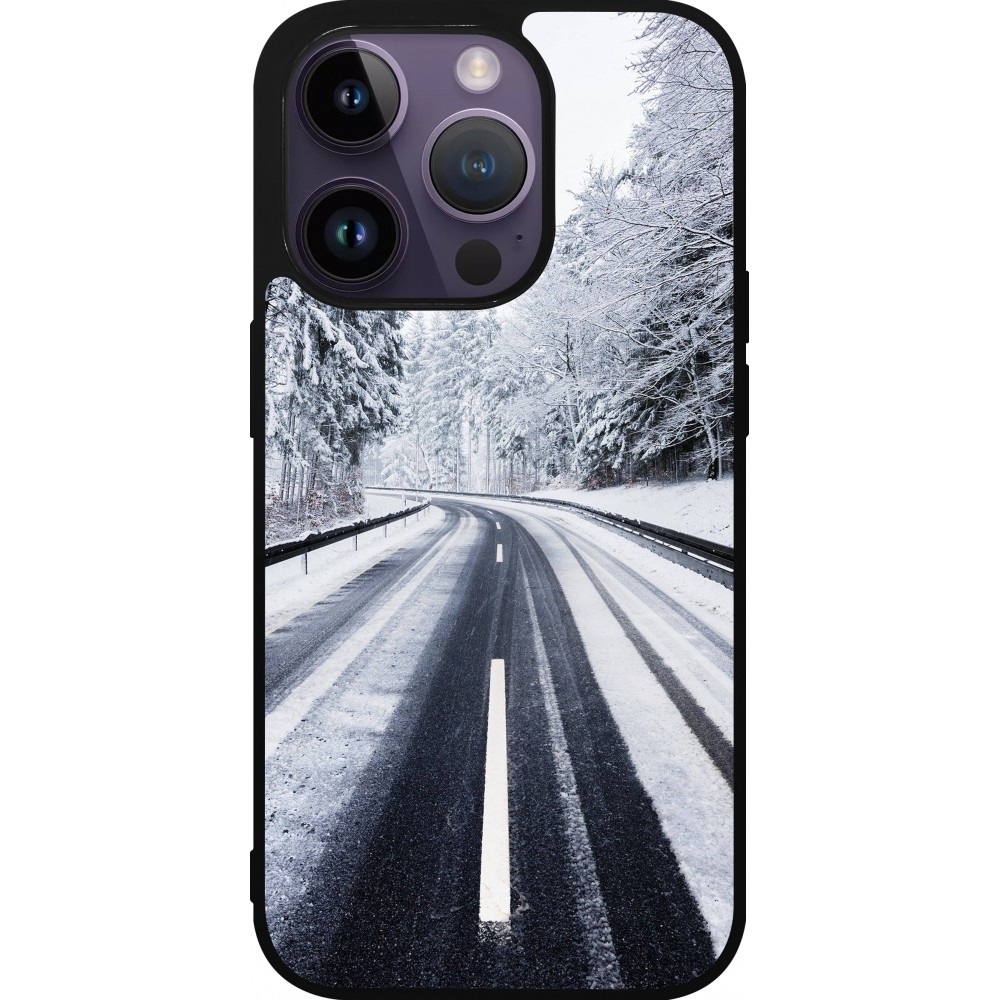 Coque iPhone 15 Pro - Silicone rigide noir Winter 22 Snowy Road