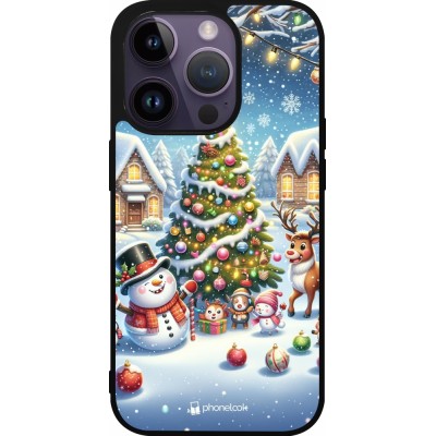 Coque iPhone 15 Pro - Silicone rigide noir Noël 2023 bonhomme de neige et sapin