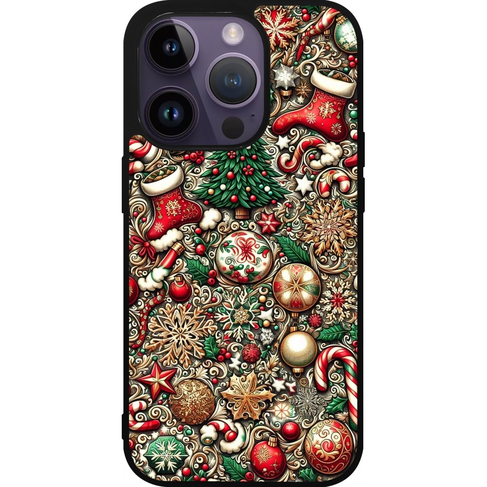 Coque iPhone 15 Pro - Silicone rigide noir Noël 2023 micro pattern