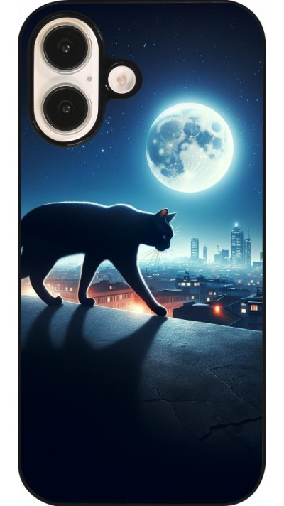 Coque iPhone 16 - Chat noir sous la pleine lune