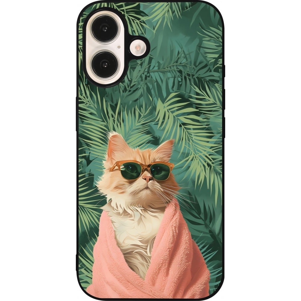 Coque iPhone 16 - Silicone rigide noir Cat Summer Palms