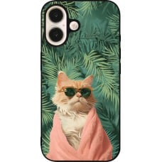 Coque iPhone 16 - Silicone rigide noir Cat Summer Palms