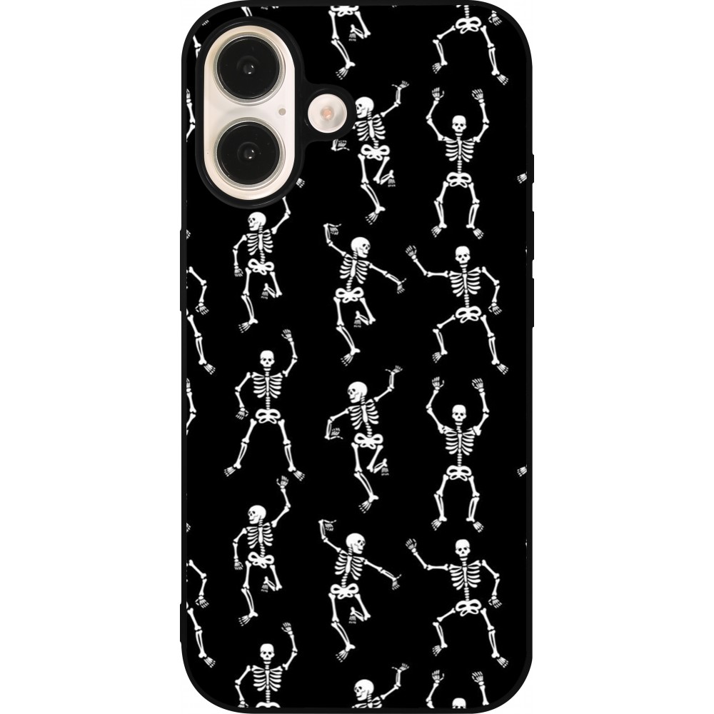 Coque iPhone 16 - Silicone rigide noir Halloween 2024 dancing skeleton