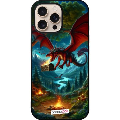 Coque iPhone 16 Pro Max - Silicone rigide noir Dragon Volant Forêt Trésor