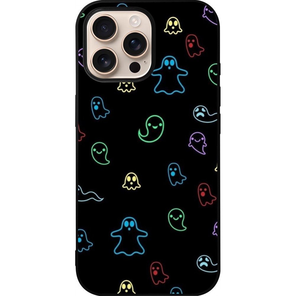 Coque iPhone 16 Pro Max - Silicone rigide noir Halloween 2024 colorful ghosts