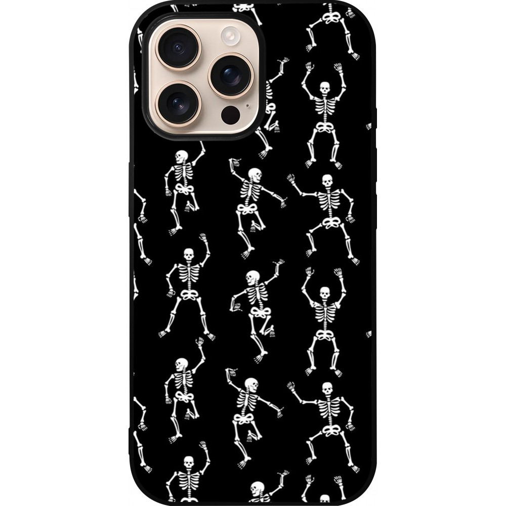 Coque iPhone 16 Pro Max - Silicone rigide noir Halloween 2024 dancing skeleton