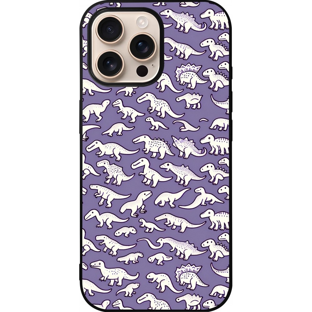 Coque iPhone 16 Pro Max - Silicone rigide noir Mini dino pattern violet