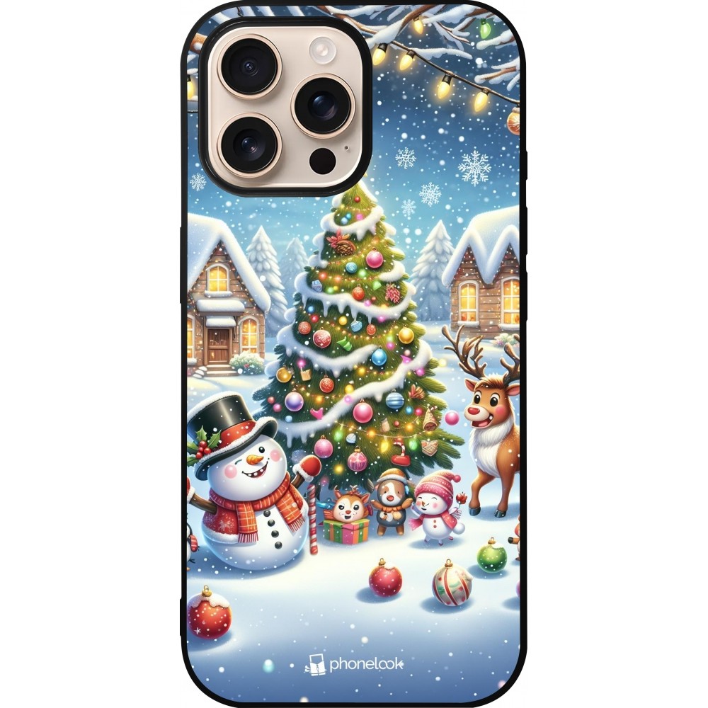 Coque iPhone 16 Pro Max - Silicone rigide noir Noël 2023 bonhomme de neige et sapin