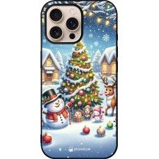 Coque iPhone 16 Pro Max - Silicone rigide noir Noël 2023 bonhomme de neige et sapin