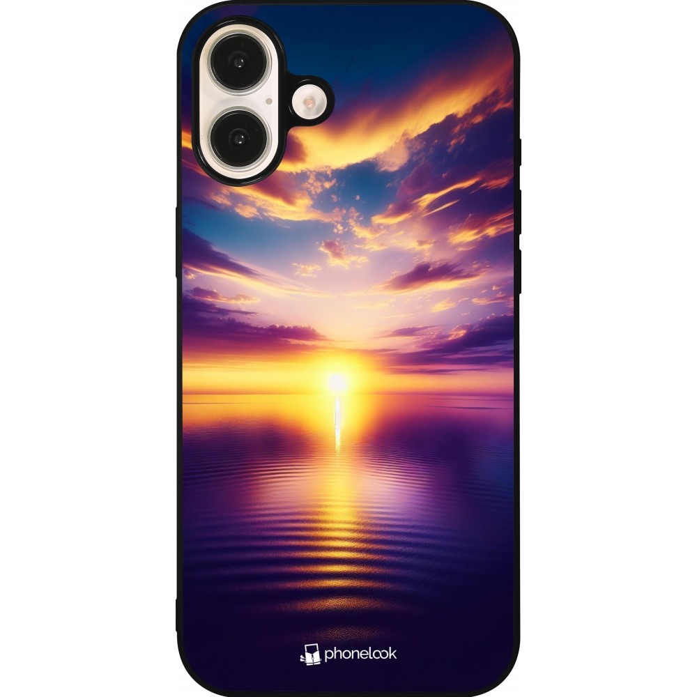 Coque iPhone 16 Plus - Silicone rigide noir Coucher soleil jaune violet