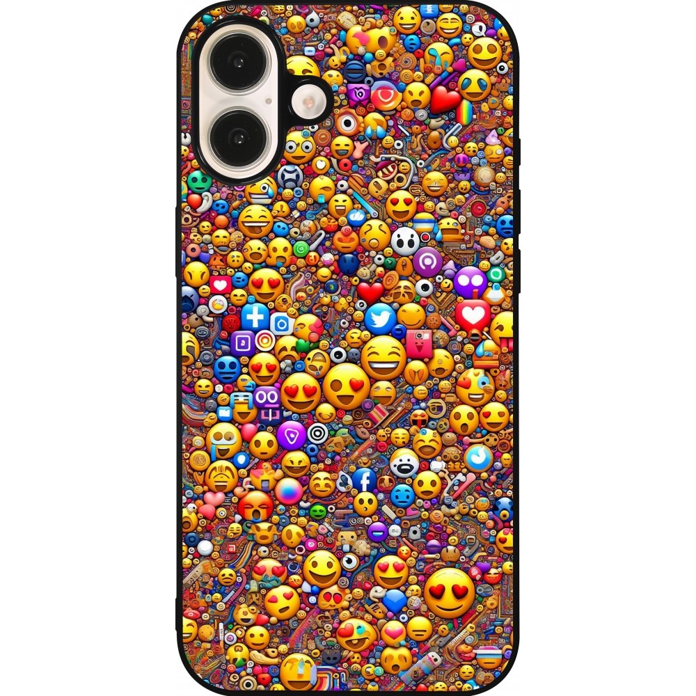 Coque iPhone 16 Plus - Silicone rigide noir Emoji mixed