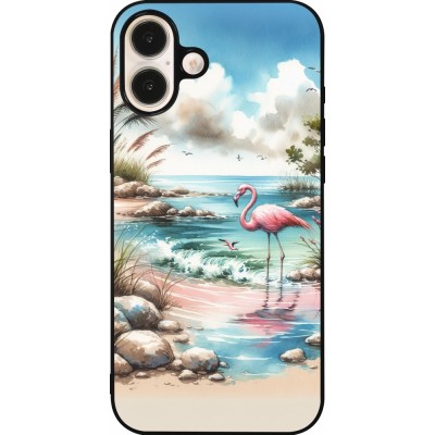 Coque iPhone 16 Plus - Silicone rigide noir Flamant rose aquarelle