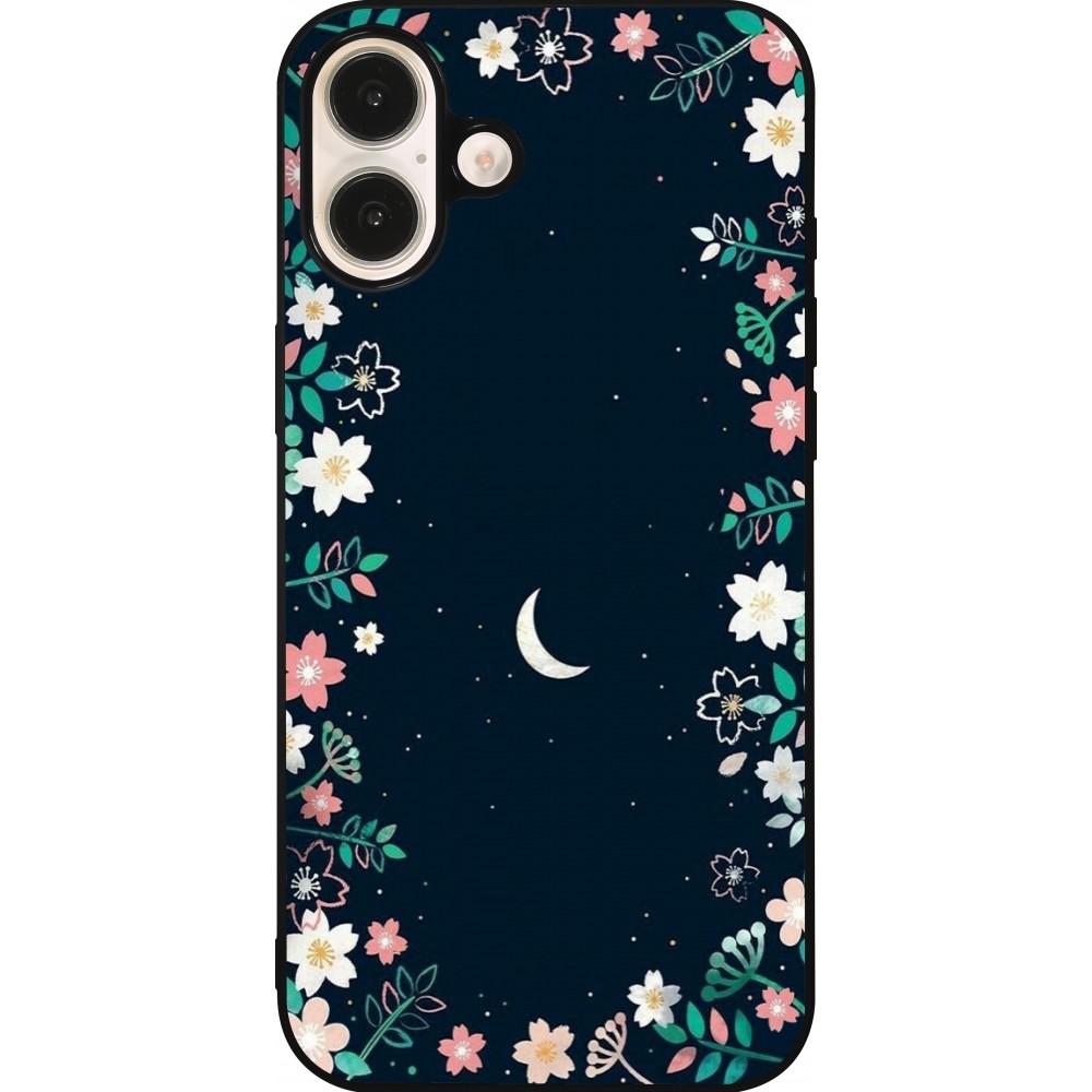 Coque iPhone 16 Plus - Silicone rigide noir Flowers space