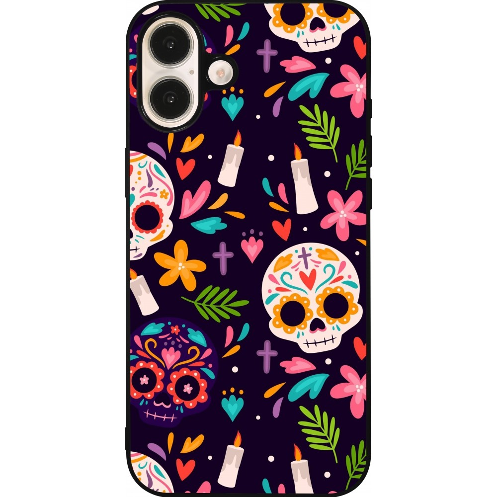 Coque iPhone 16 Plus - Silicone rigide noir Halloween 2023 mexican style