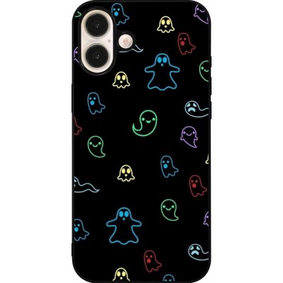 Coque iPhone 16 Plus - Silicone rigide noir Halloween 2024 colorful ghosts