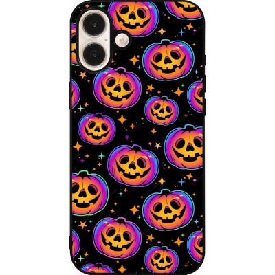 Coque iPhone 16 Plus - Silicone rigide noir Halloween 2024 rainbow pumpkins