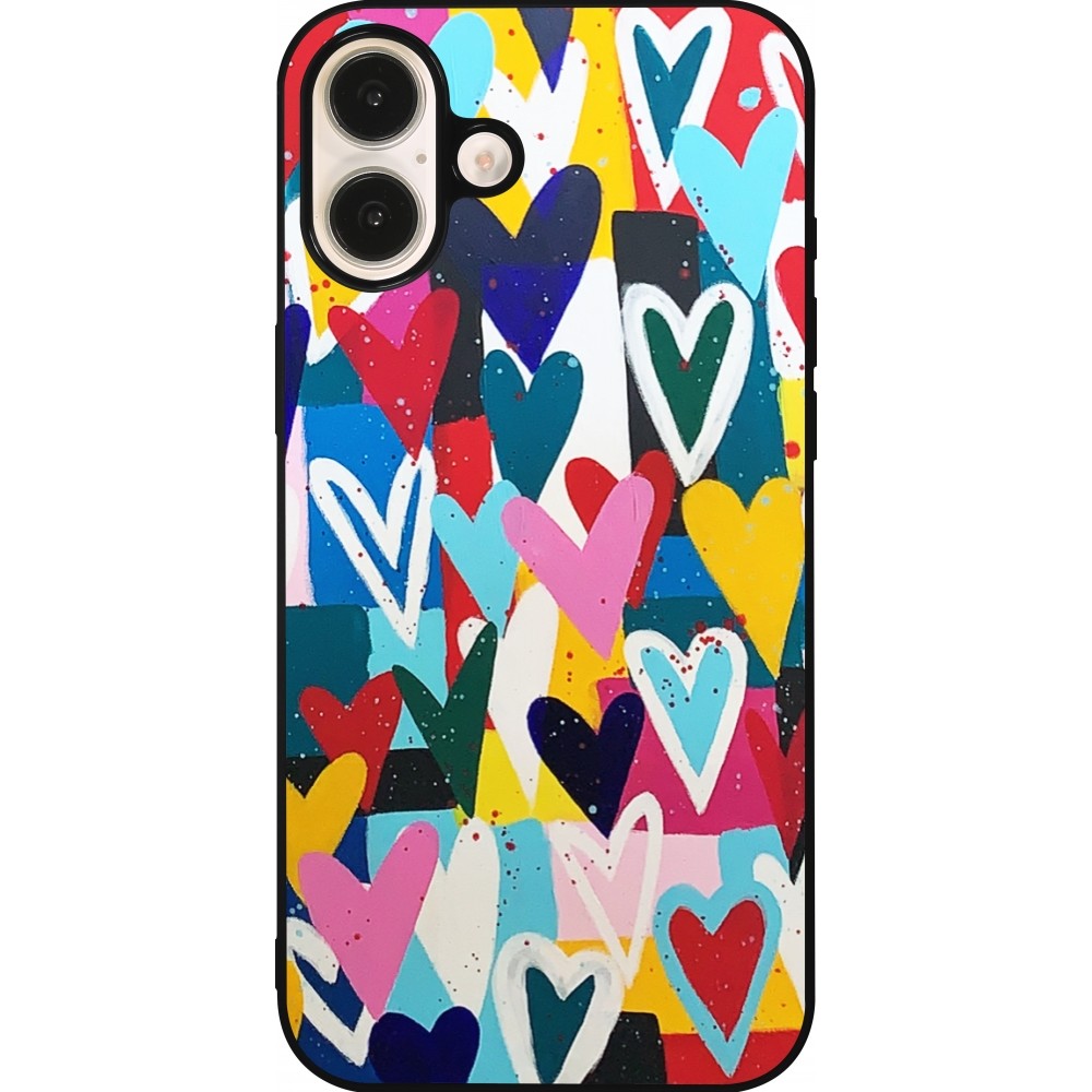 Coque iPhone 16 Plus - Silicone rigide noir Joyful Hearts