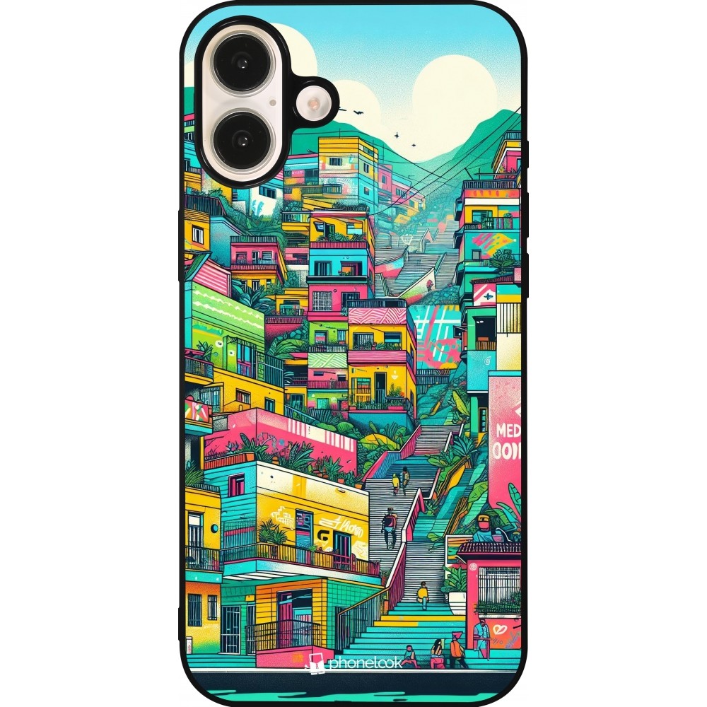 Coque iPhone 16 Plus - Silicone rigide noir Medellin Comuna 13 Art