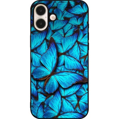 Coque iPhone 16 Plus - Silicone rigide noir Papillon bleu