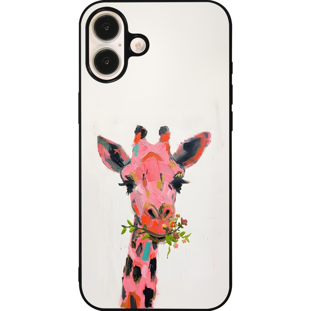 Coque iPhone 16 Plus - Silicone rigide noir Pink Girafe Paint