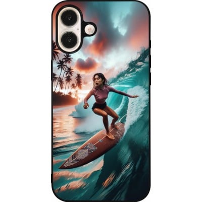 Coque iPhone 16 Plus - Silicone rigide noir Surfeuse Balinaise