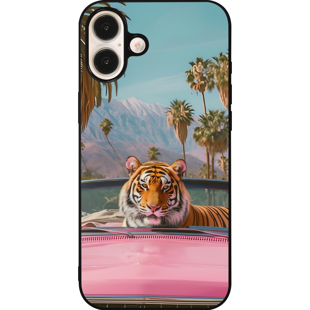 Coque iPhone 16 Plus - Silicone rigide noir Tigre voiture rose