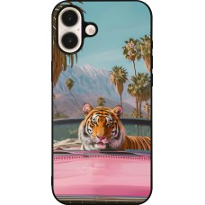 Coque iPhone 16 Plus - Silicone rigide noir Tigre voiture rose