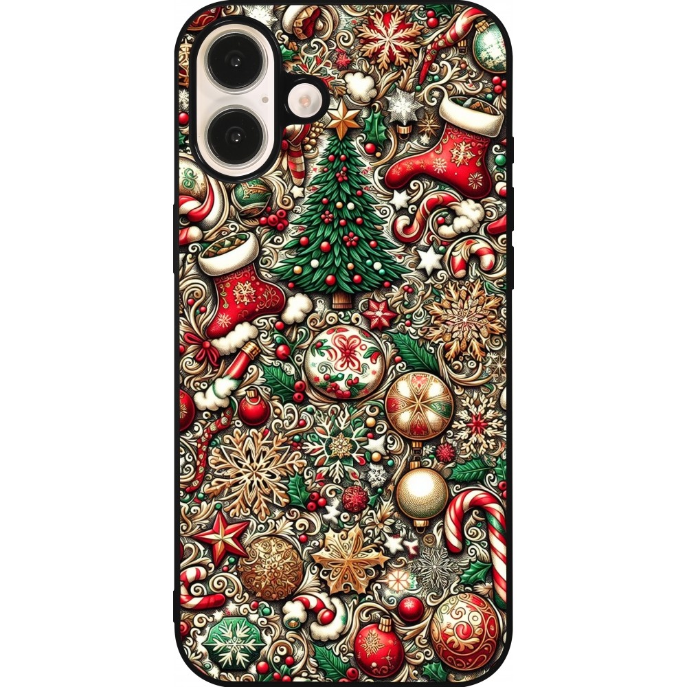 Coque iPhone 16 Plus - Silicone rigide noir Noël 2023 micro pattern