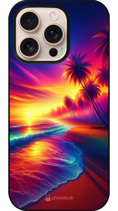 Coque iPhone 16 Pro - Plage coucher soleil flashy